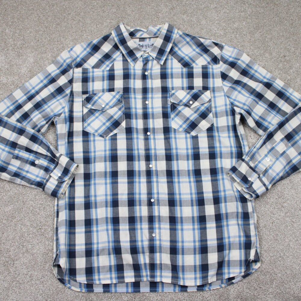 Levi Strauss Pearl Snap Shirt Mens XL Blue/White/Yellow Plaid Western L/S Cowboy